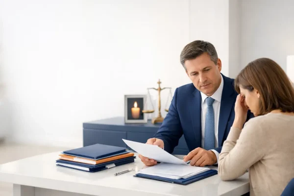Elegancka, nowoczesna scena kancelaryjna w stylu premium, po prawej stronie kadru prawnik omawia z klientką dokumenty związane z odszkodowaniem po śmierci osoby bliskiej, spokojna rozmowa przy nowoczesnym biurku, widoczne akta, dokumenty i dyskretne gesty wsparcia, atmosfera zaufania i profesjonalnej pomocy, bez uśmiechów Wnętrze jasne, nowoczesne, estetyczne, bardziej prestiżowe niż smutne, bez szpitalnego klimatu, bez czerni i przytłaczających barw. Kolorystyka dopasowana do strony: jasne tło, granatowe detale, biel i subtelny pomarańcz. Scena ustawiona po prawej stronie, lekko oddalona, centralnie w pionie, dużo pustej przestrzeni po lewej stronie pod nagłówek i lead