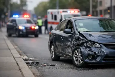 Uszkodzony samochód po wypadku komunikacyjnym na miejskiej ulicy