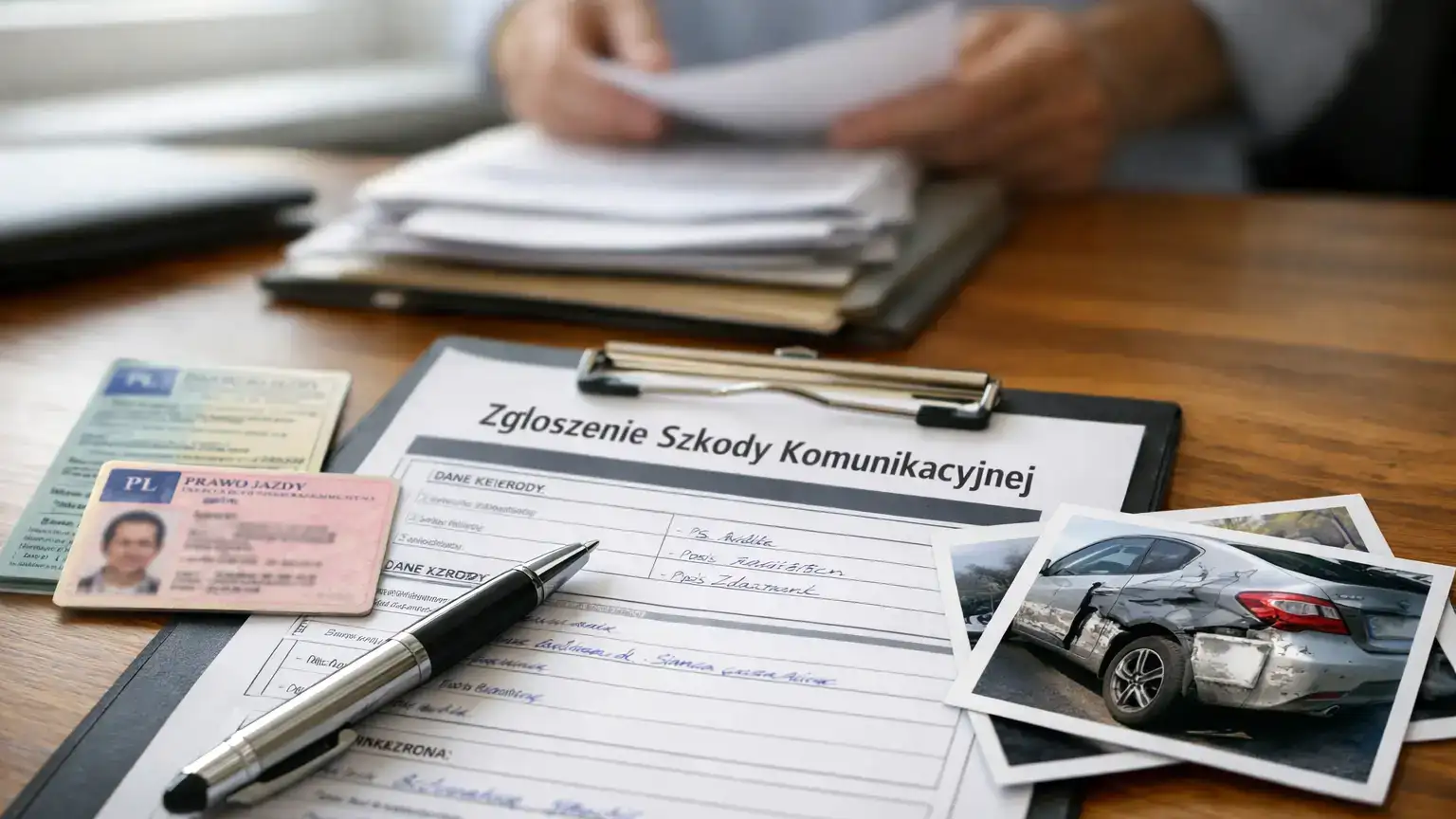 wzor-zgloszenia-szkody-oc Formularz zgłoszenia szkody komunikacyjnej z dołączonymi dokumentami i zdjęciami uszkodzeń na biurku