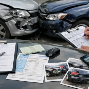Dokumenty zgłoszenia szkody z OC sprawcy rozłożone na masce auta — formularze, kluczyki i wydrukowane zdjęcia uszkodzeń, w tle dwa rozbite samochody po kolizji