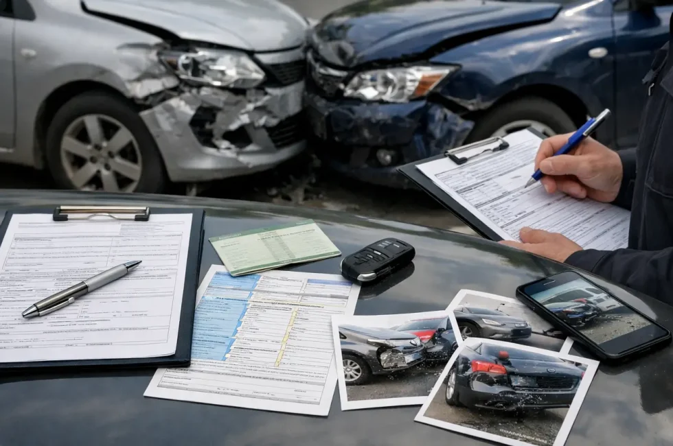 Dokumenty zgłoszenia szkody z OC sprawcy rozłożone na masce auta — formularze, kluczyki i wydrukowane zdjęcia uszkodzeń, w tle dwa rozbite samochody po kolizji