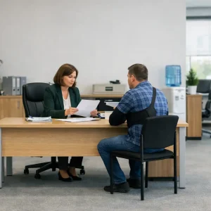Pracownik ZUS podczas konsultacji z poszkodowanym po wypadku przy pracy