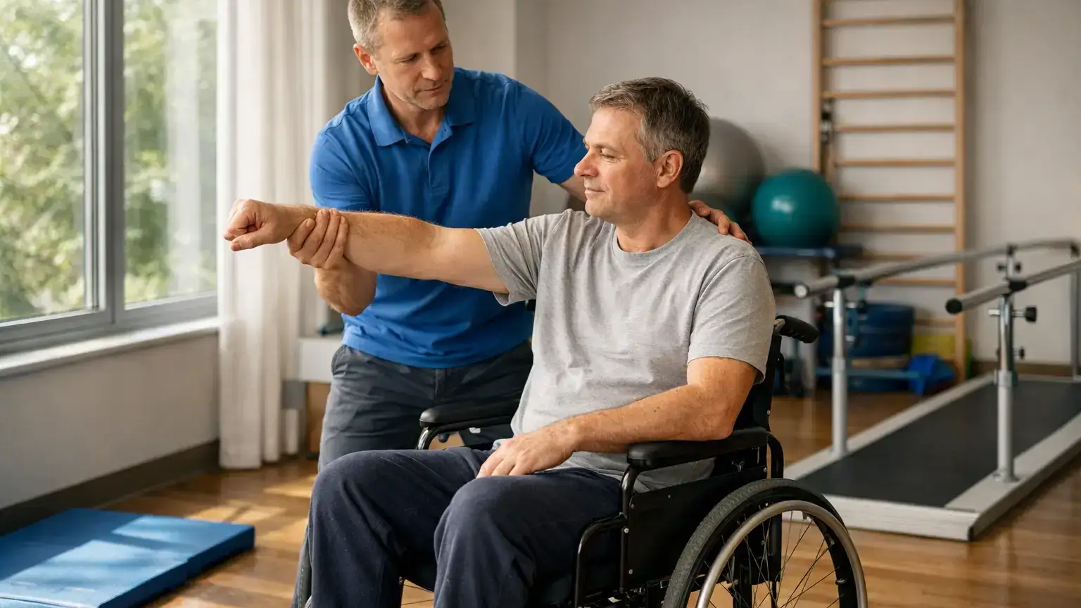 rehabilitacja-po-wypadku-w-pracy Mężczyzna na wózku inwalidzkim podczas rehabilitacji ręki z pomocą terapeuty w jasnym gabinecie