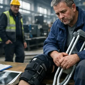 Verletzter Arbeiter mit Krücken sitzt in einer Fabrikhalle neben medizinischen Unterlagen, im Hintergrund ein besorgter Vorarbeiter