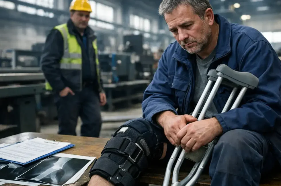 Verletzter Arbeiter mit Krücken sitzt in einer Fabrikhalle neben medizinischen Unterlagen, im Hintergrund ein besorgter Vorarbeiter